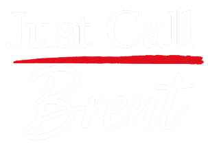 Logo featuring the white text "Just Call Brent" on a black background. "Just Call" is in a clean, sans-serif font, and "Brent" is in a flowing script font, all underlined in red.