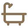 Line art icon of a bathtub with an overhead shower.