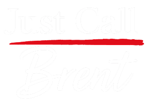 Logo featuring the white text "Just Call Brent" on a black background. "Just Call" is in a clean, sans-serif font, and "Brent" is in a flowing script font, all underlined in red.